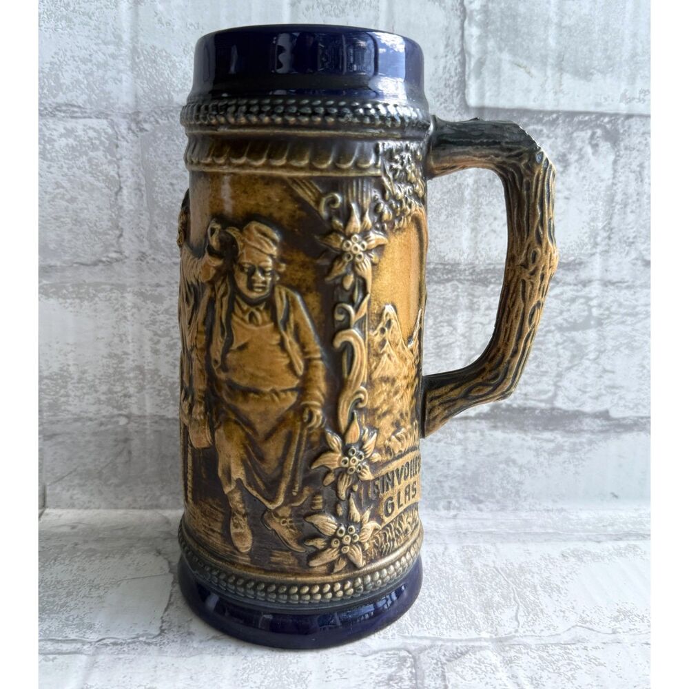 Vintage Gerz West Germany Beer Stein Stoneware Relief Edelweiss Mug Tavern
